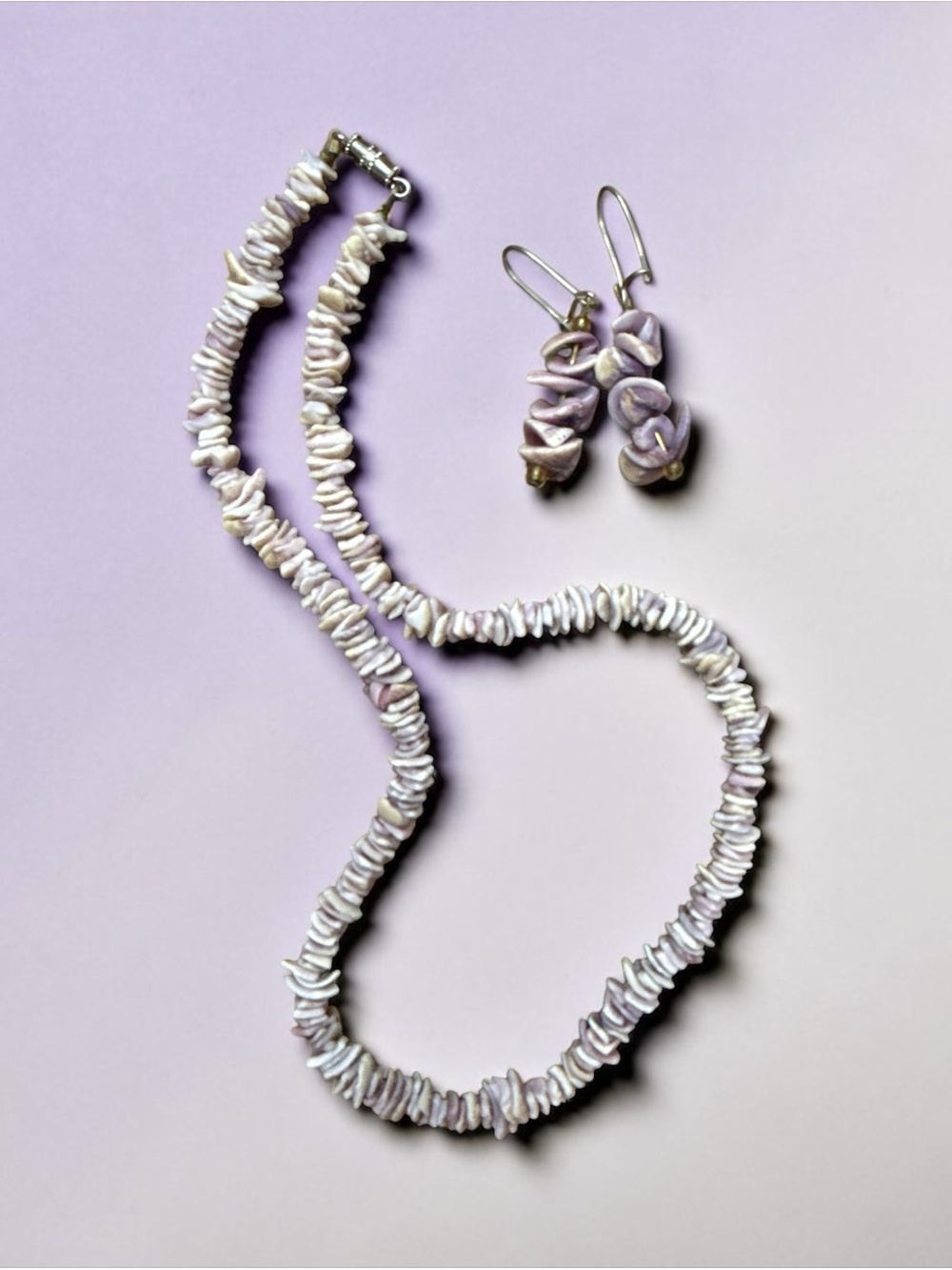 Vintage Purple & White Shell Chip Necklace and Earrings Set - Women Jewelry